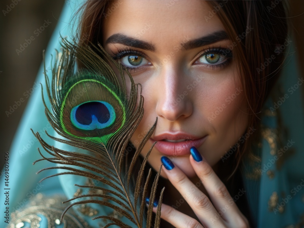 Eastern Arab woman with a peacock feather in her hands near her face. Beauty fashion makeup Arab women, big beautiful eyes. Beautiful smooth skin, peacock feather near eyes.