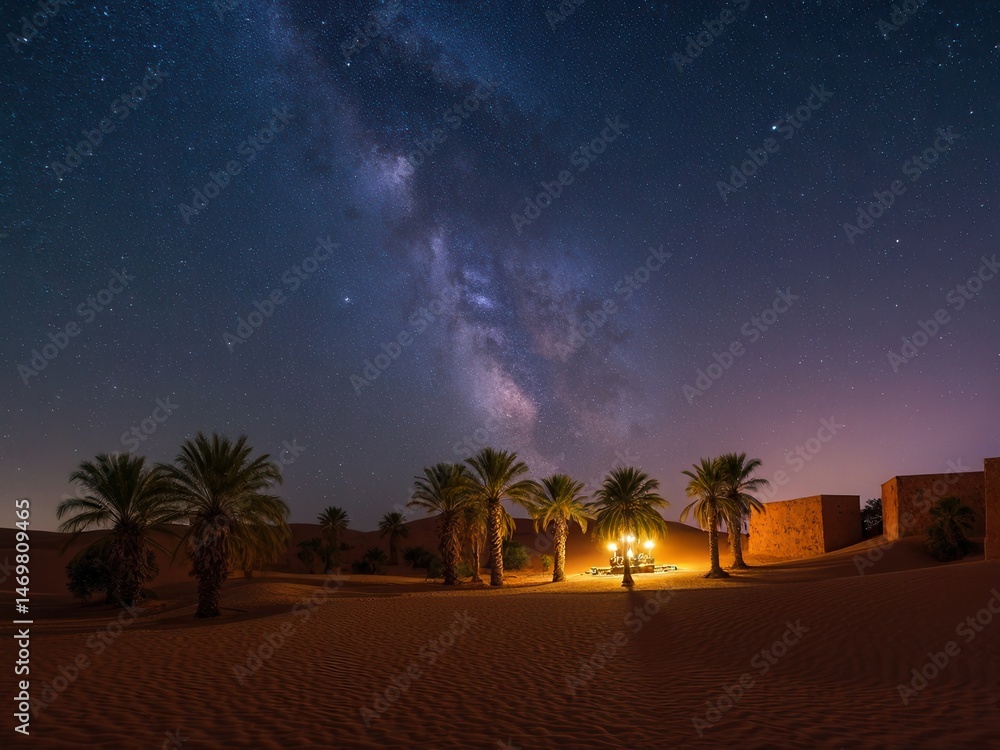 desert starry night sky over the oasis. Travelling to . Glow over the palm trees of the oasis. Billions of stars in the night sky, milky way. Panoramic photo.
