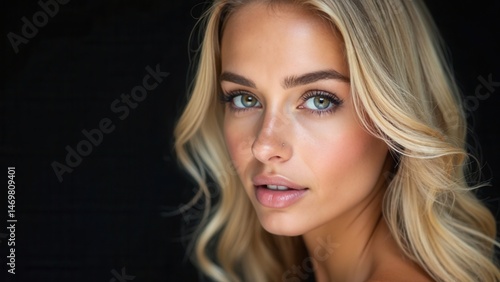 Obraz na płótnie Perfect portrait woman on a black background. Beautiful eyes, Natural beauty clean skin, face and hair care. Strong thick hair. Art Sexy beautiful blonde with halo over her head an. w salonie