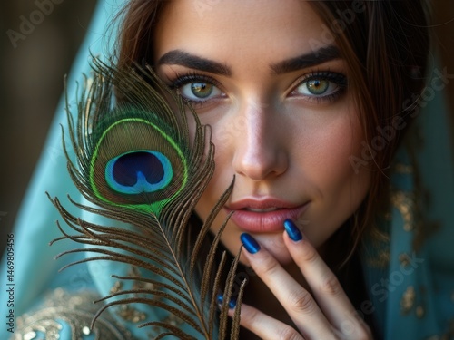 Obraz na płótnie Eastern Arab woman with a peacock feather in her hands near her face. Beauty fashion makeup Arab women, big beautiful eyes. Beautiful smooth skin, peacock feather near eyes. w salonie