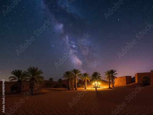 Obraz na płótnie desert starry night sky over the oasis. Travelling to . Glow over the palm trees of the oasis. Billions of stars in the night sky, milky way. Panoramic photo. w salonie