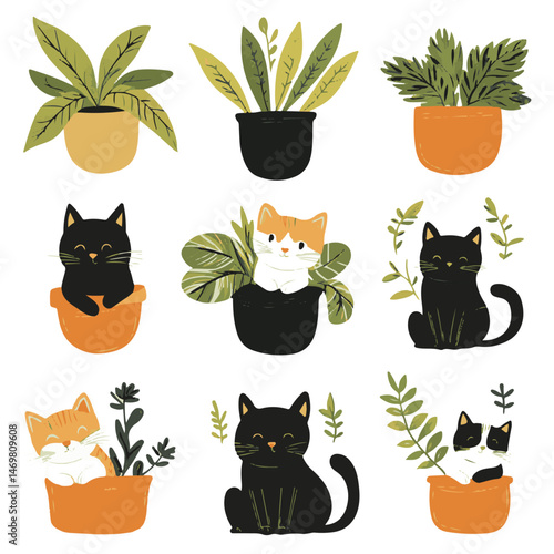 Whimsical Cats And Plants Illustration Adorable Kittens In Flowerpots Garden Theme