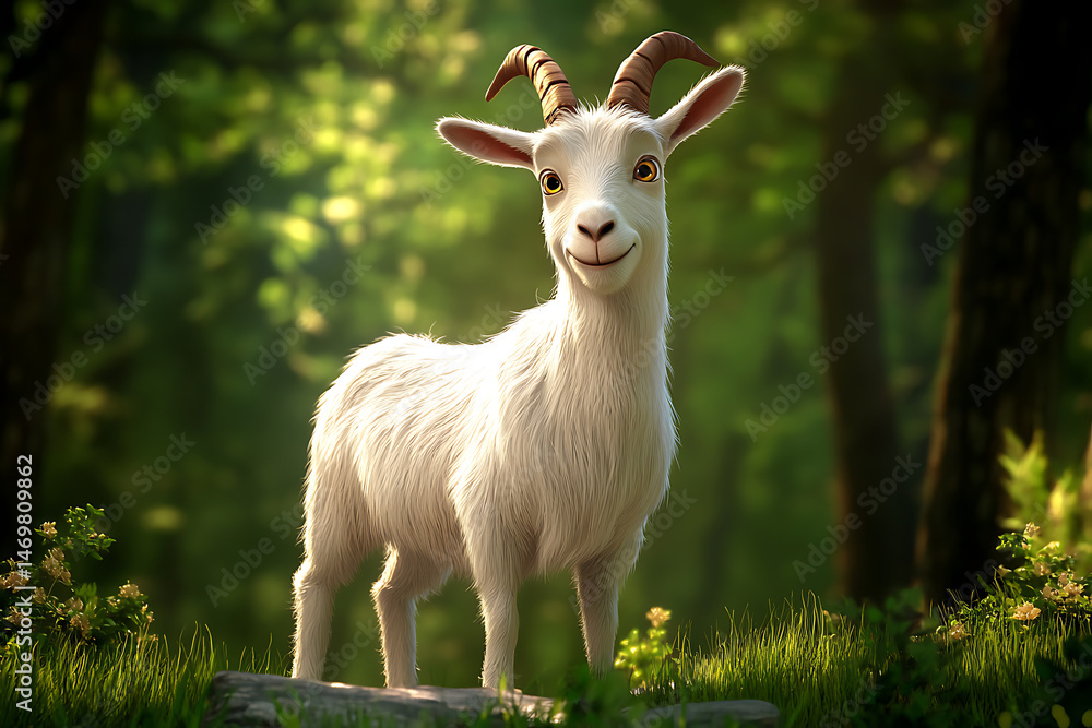 Obraz premium Charming animated goat standing in a lush forest, surrounded by greenery and sunlight