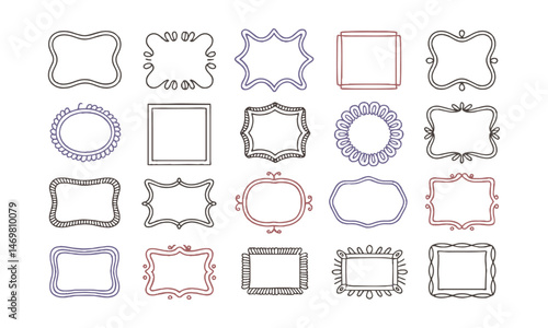 Modern vector illustration decorative hand-drawn frames in various shapes and styles, easily scalable and editable.