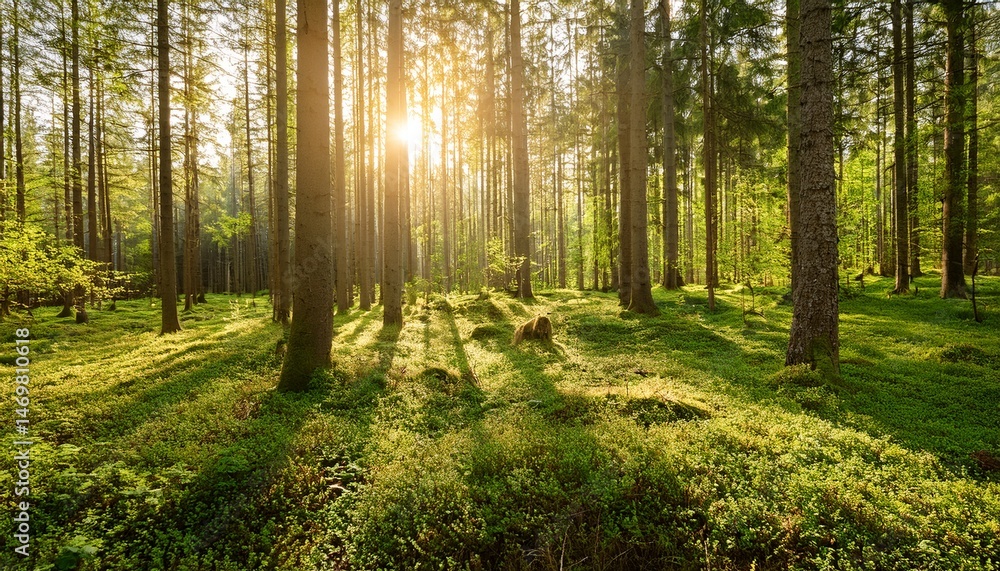 Naklejka premium morning sun light in green forest in spring