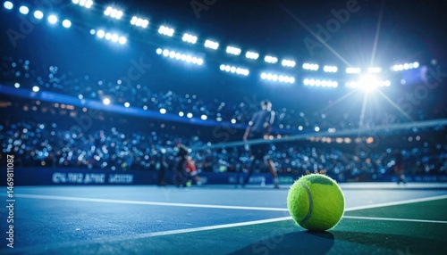 Tennis Ball on a Blue Court at Night