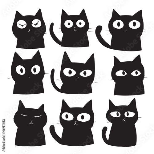 Black Cats Silhouettes With Different Emotions Cute Cartoon Style Vector Illustration