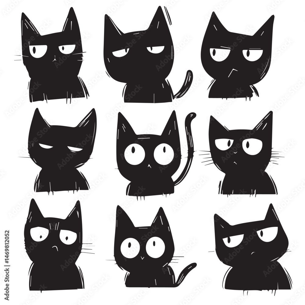 Cartoon Black Cats With Various Expressions Set Cute Feline Illustration Cartoon Black Cats With Various Expressions Set Cute Feline Illustration