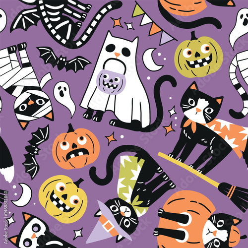 Seamless vector pattern with spooky Halloween black cats. Hand drawn creepy Halloween pumpkin and cat illustration. Perfect for wallpaper or fabric print design. EPS 10 vector file.