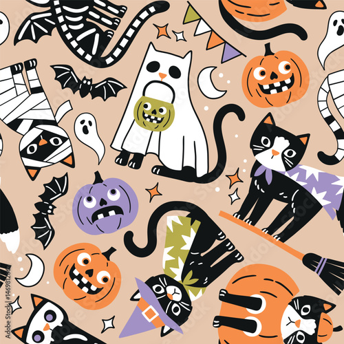 Seamless vector pattern with spooky Halloween black cats. Hand drawn creepy Halloween pumpkin and cat illustration. Perfect for wallpaper or fabric print design. EPS 10 vector file.