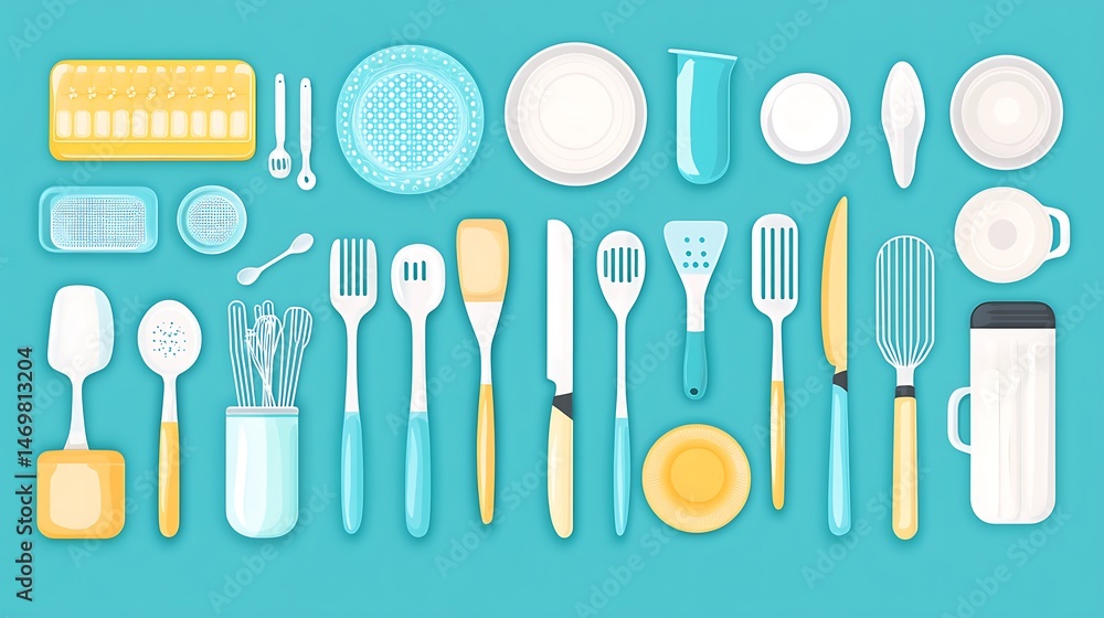 Fototapeta premium Kitchen Utensils Flat Lay Teal.