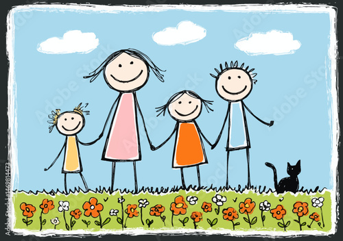 A cartoon family consisting of two adults and two children is happily holding hands in a bright field. They are surrounded by flowers and a playful black cat against a clear blue sky.