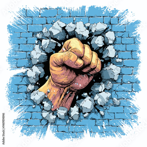 A strong fist emerges powerful through a crumbling blue brick wall, showcasing resilience and force. The dynamic artwork highlights the act of breaking barriers with bold colors and striking details.
