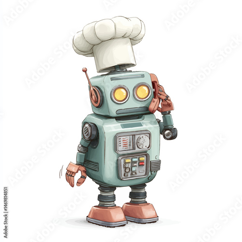 A cartoon robot dressed as a chef with a white hat is talking on the phone. This playful character appears enthusiastic while engaged in cooking activities, likely in a colorful kitchen environment.