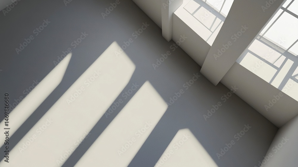 Fototapeta premium Minimal gray surface with window light softly diffused, casting clear but gentle shadows. Crisp and neutral design, overhead perspective 