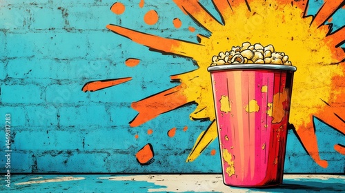 Bright Popcorn Cup with Colorful Splash on a Vibrant Urban Background Ideal for Food and Entertainment Themes
