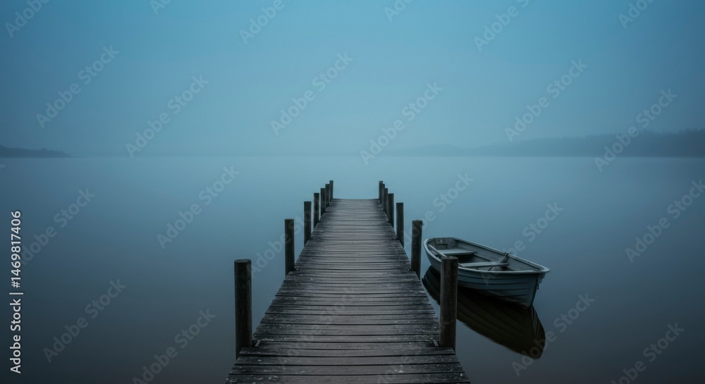 Fototapeta premium Misty lake pier with boat