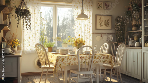 cozy dining room interior design with soft yellow floral decoration