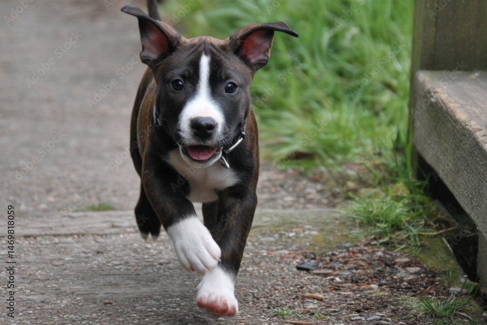 Brindle puppy running happily along a path, wearing a collar, with mouth open and tongue visible, close-up view Brindle puppy running happily along a path, wearing a collar, with mouth open and tongue visible, close-up view