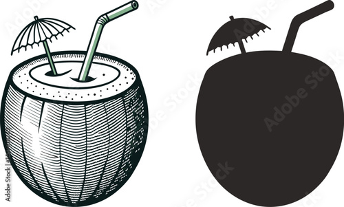 Coconut Drink Summer Beverage Tropical Cocktail Illustration and Silhouette Design