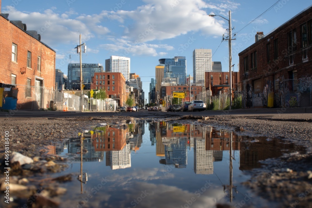 Obraz premium City skyline reflections in a street puddle featuring surrounding buildings, telephone poles, and sky during sunny day