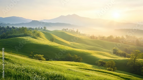 Sunrise Over Misty Green Hills