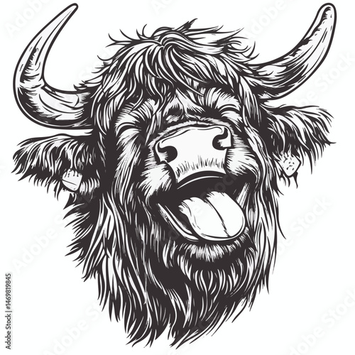 Hand Drawn Portrait Of Highland Cow Vector Illustration Smiling Face