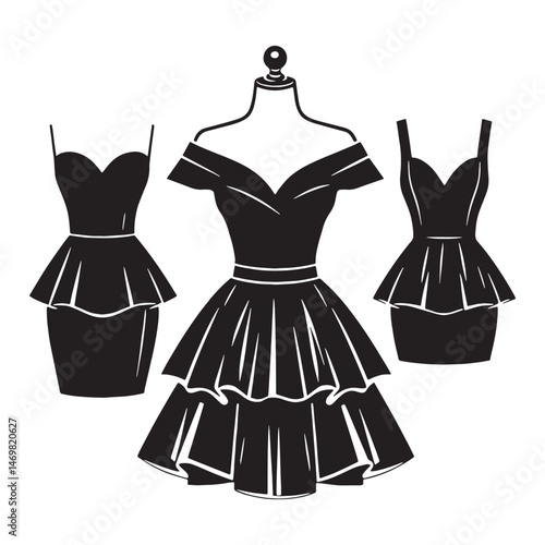 Refined peplum dress layout with narrow bodice and accent waist – peplum dress silhouette – peplum dress vector – peplum dress illustration – ladies dress silhouette

