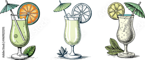 Tropical Cocktails Summer Drinks Refreshing Beverages, Drink With Umbrella Straws For Tropical Summer Vacation Vector Illustration