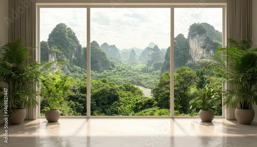 Panoramic mountain vista from modern living room