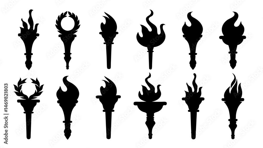fire flame torch icon set vector art silhouette design fire flame torch icon set vector art silhouette design