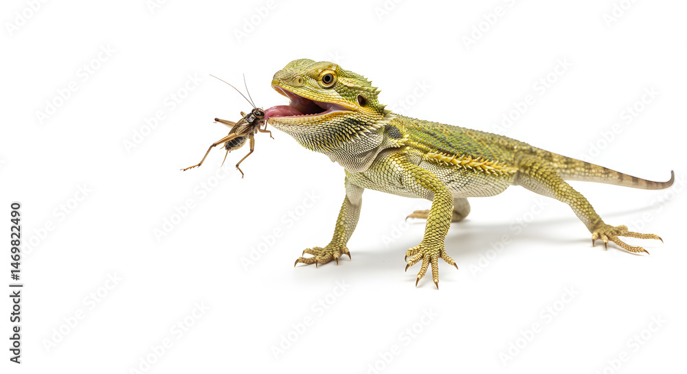 Fototapeta premium Bearded Dragon Eating Insect, Studio Shot on White Background