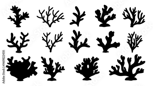 Seaweed silhouettes, coral black icon. Abstract organic shape, underwater plant, matisse element, cute sea doodle.