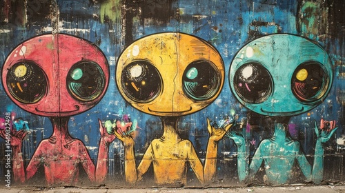 Colorful Alien Mural with Three Extraterrestrial Characters in Vibrant Street Art Style