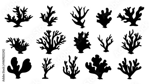 Seaweed silhouettes, coral black icon. Abstract organic shape, underwater plant, matisse element, cute sea doodle.