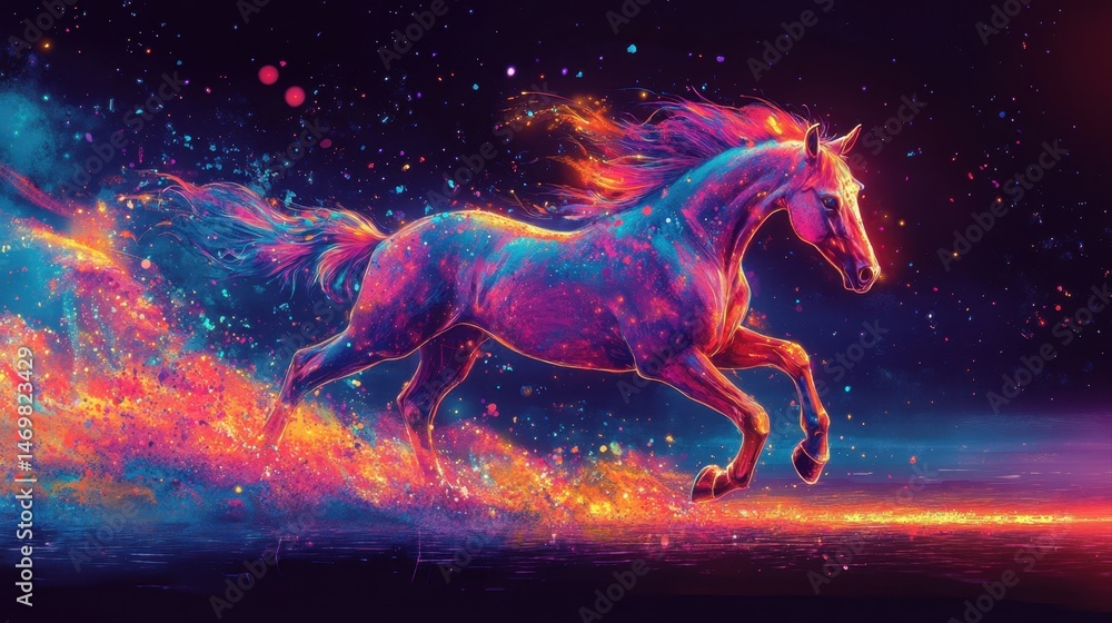 Obraz premium Majestic Horse Galloping Through Vibrant Colorful Galaxy with Glowing Stardust and Sparkling Light Effects