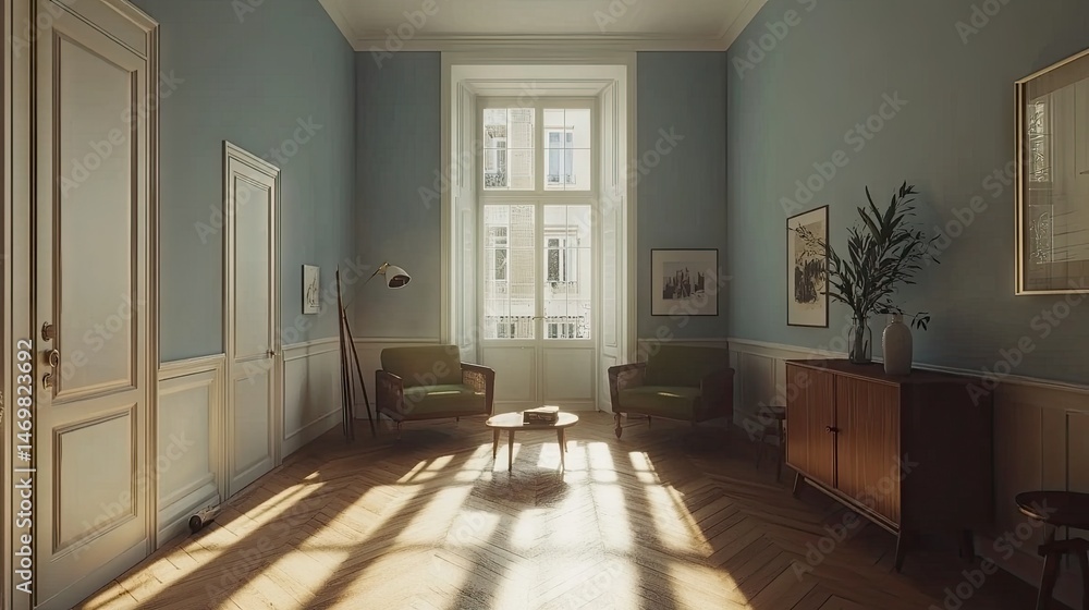 Obraz premium Interior view of a sunlit, elegant sitting room.