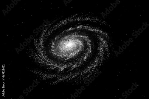 A majestic spiral galaxy with a bright core and swirling arms filled with billions of stars, gas, and nebulae. Glowing clusters of stars form intricate patterns surrounded by interstellar dust. Vector