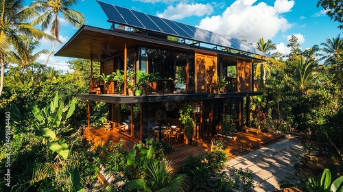 Sustainable home surrounded by lush greenery.