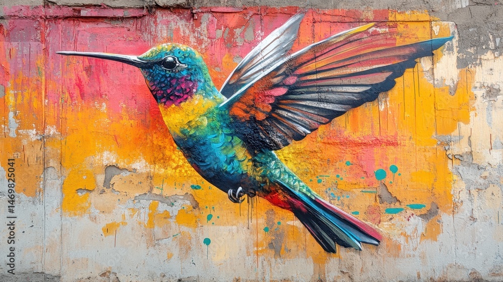 Obraz premium Vibrant Hummingbird Mural with Colorful Feathers on Urban Wall Art in Eclectic Street Environment