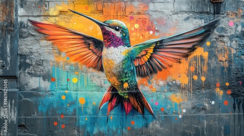 Vibrant Hummingbird Mural with Bright Colors and Artistic Details on Urban Wall Background