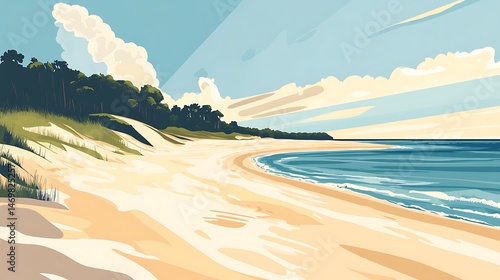 Sandy beach with coastal forest, and summer.