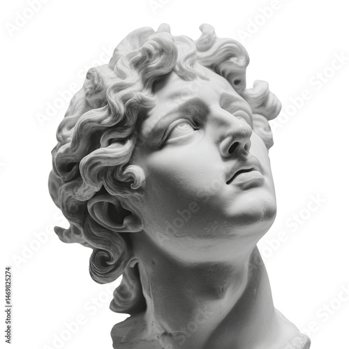 The white plaster bust of a male figure with curly hair gazes upwards with a hopeful expression against a bright white background offe a sense of inspiration.