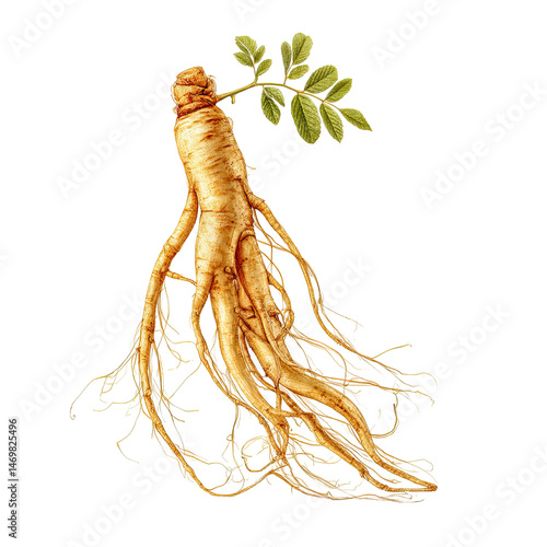 An isolated ginseng root with delicate leaves is shown against a pristine white background, highlighting its natural beauty and medicinal properties overall look.