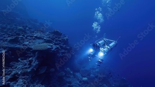 Wallpaper Mural A submarine navigating through the deep ocean, surrounded by the vastness of the dark blue sea, showcasing the underwater exploration and advanced maritime technology. Torontodigital.ca