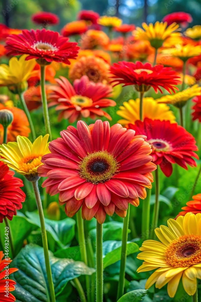 Vibrant gerbera daisy field in full bloom showcasing red yellow and orange colors Vibrant gerbera daisy field in full bloom showcasing red yellow and orange colors