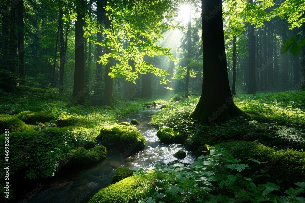 Obraz premium Sunlight streams through misty forest