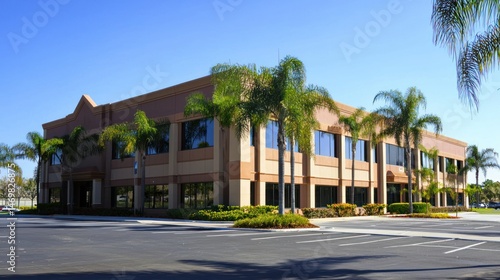Fototapeta Naklejka Na Ścianę i Meble -  A large, multi-story office building with multiple windows and palm trees in the foreground.