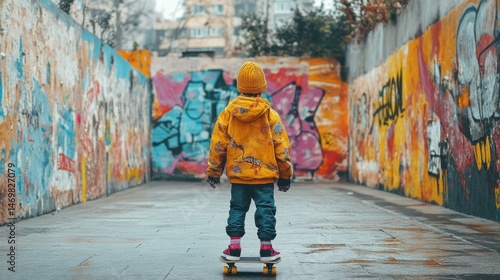 Child in Yellow Hoodie Skateboarding in Colorful Urban Environment with Graffiti Art and Concrete Pathway