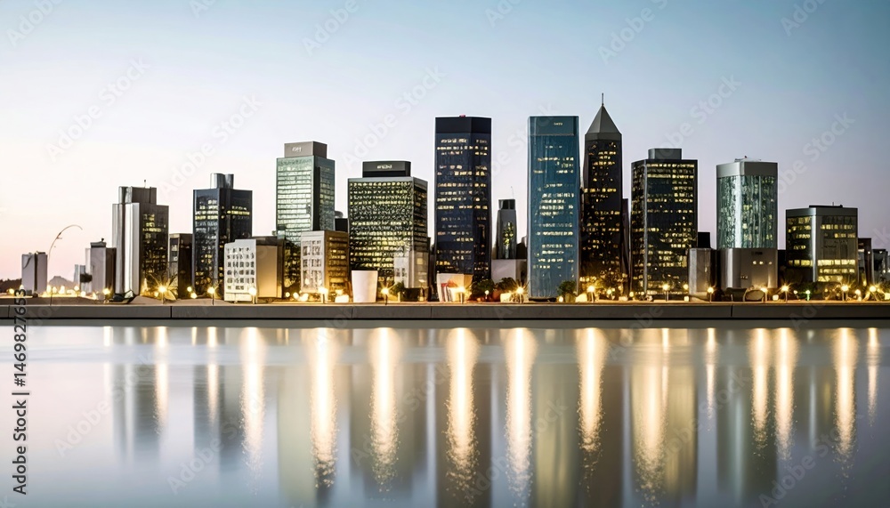Obraz premium City Skyline Reflecting on Water at Evening